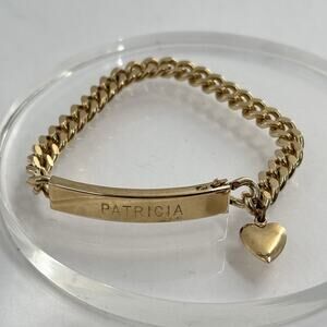 Speidel ID Bracelet Vtg Gold Tone Engraved Patricia Heart Charm Signed Stacking